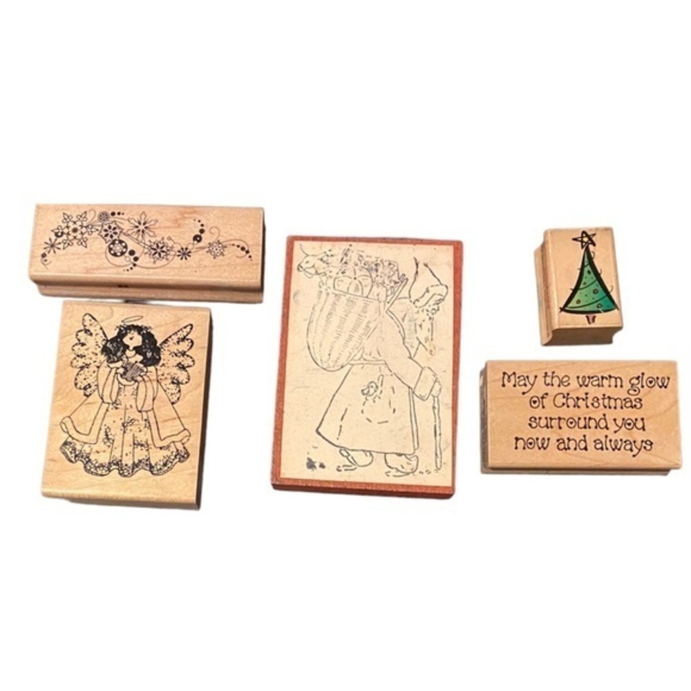 Christmas Wooden Rubber Stamp LOT of 5:Santa Angel Tree Snowflake Greeting